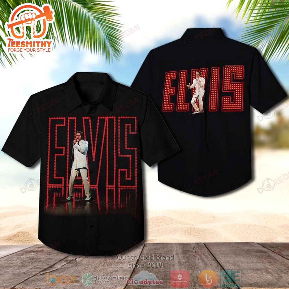 Black Elvis Hawaiian Aloha Shirts With Red Lights Design