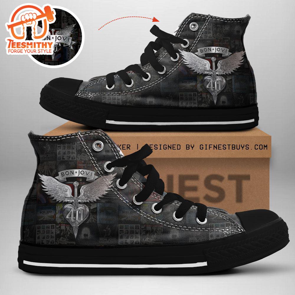 Bon Jovi Logo Sword, Wings And Heart, Bon Jovi High Top Canvas Shoes