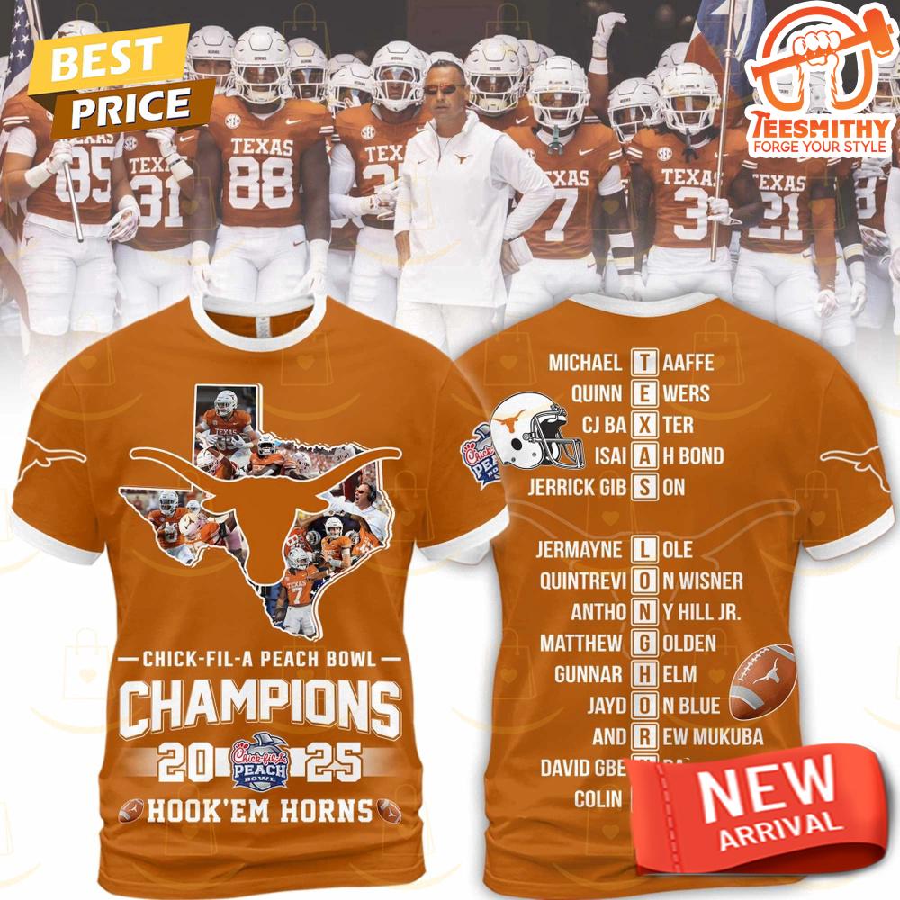 Chick Fil A Peach Bowl Champions 2025 Texas Longhorns Hook Em Horns 3D T-Shirt – Toplineapparelstore