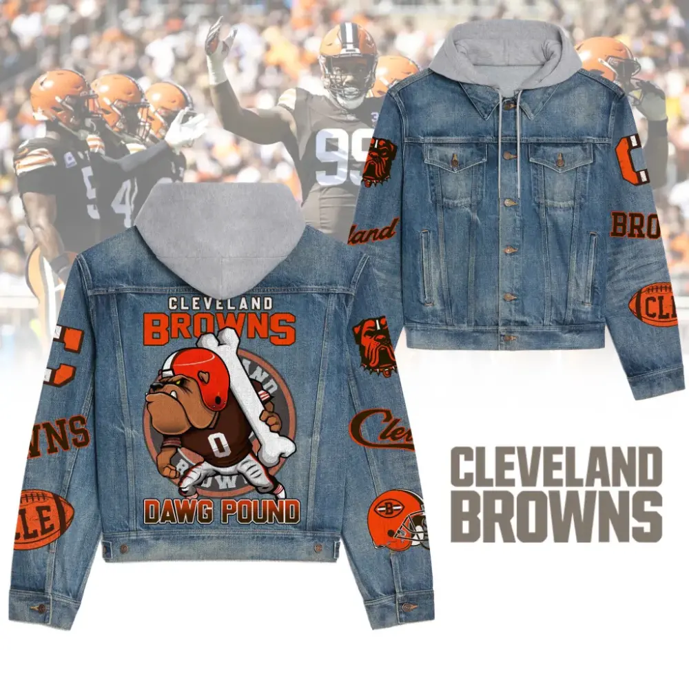 Cleveland Browns Men’s Premium Hooded Denim Jacket For Sale V1