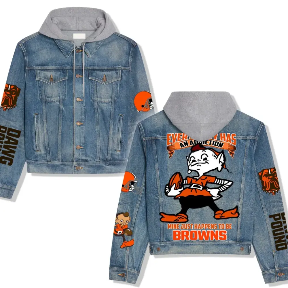 Cleveland Browns Men’s Premium Hooded Denim Jacket For Sale Version 1