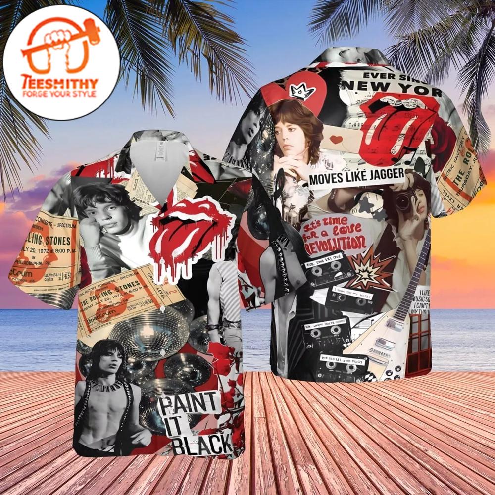 Collage Style Rolling Stones Hawaiian Button Up Shirts