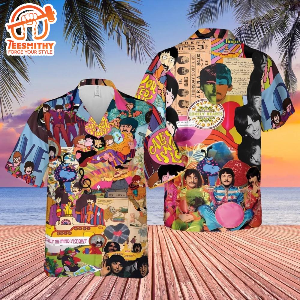 Colorful Beatles Cartoon and Photo Collage Hawaiian Shirt