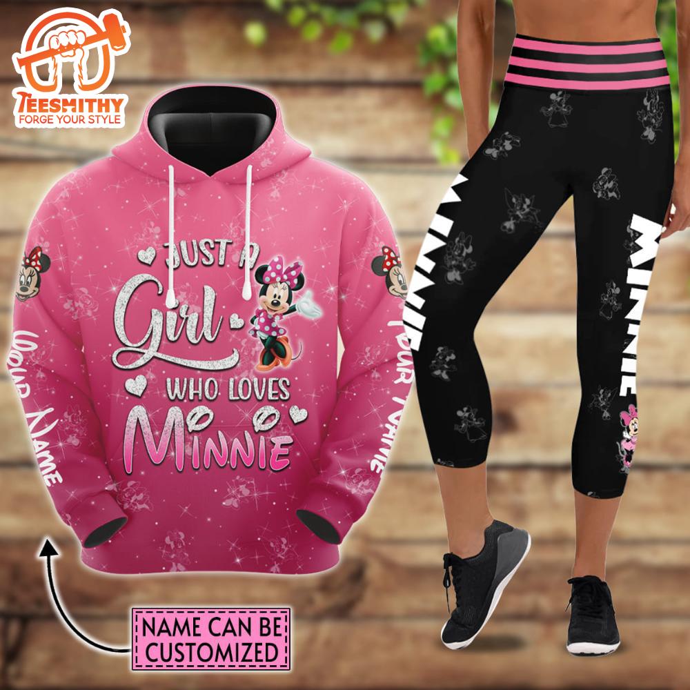 Custom Name Just A Girl Minnie Mouse Hoodie And Capris Leggings Set