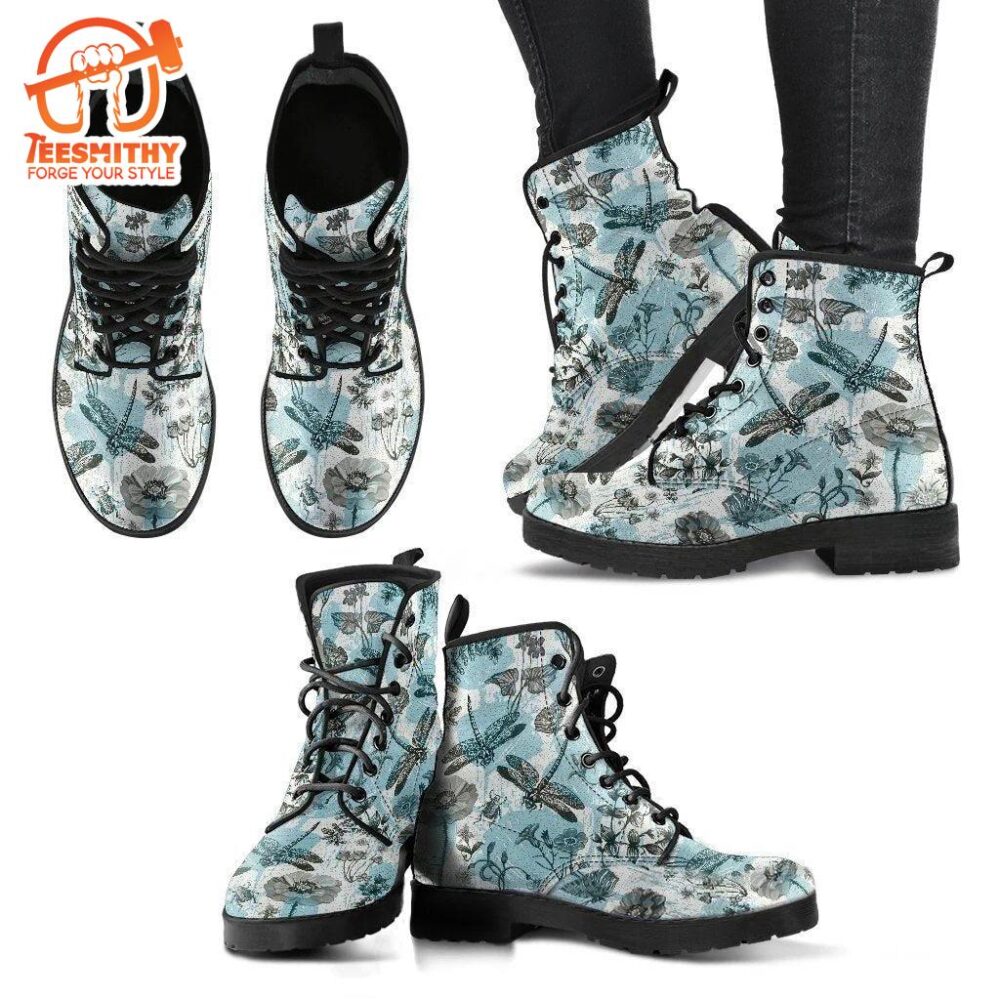 Dragonfly Flower Women Leather Boots Gift Idea