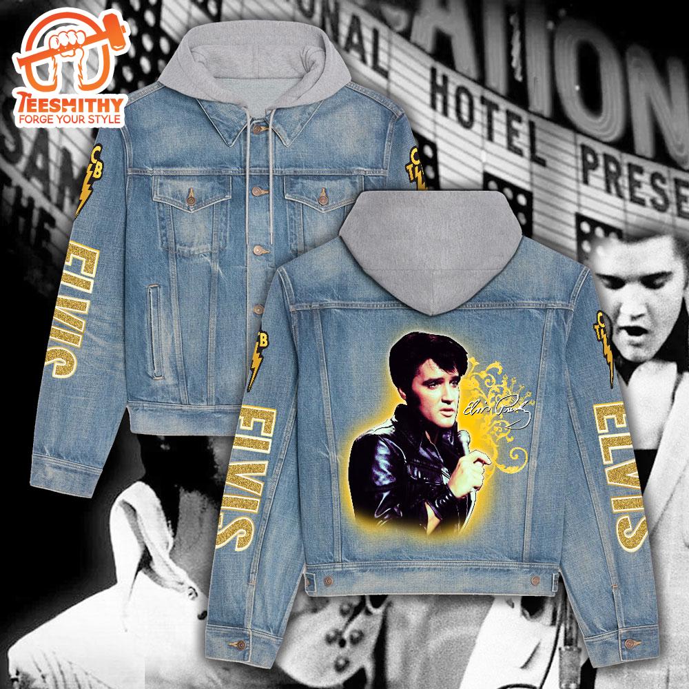 Elvis Presley Golden Suit King Of Rock Christmas Denim Hood Jacket For Fans