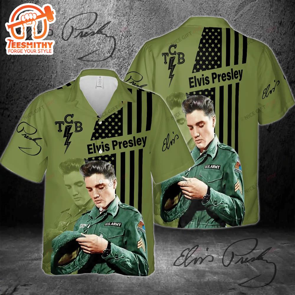 Elvis Presley Taking Care Of Business Army Green Hawaiian Aloha Shirts