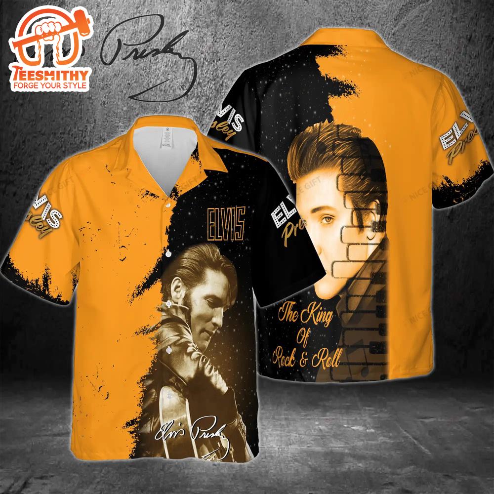 Elvis Presley The King Of Rock And Roll Gold Hawaiian Aloha Shirts