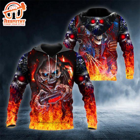 Fire Skull Play Game All Over ed Us Size All Over Print Hoodie