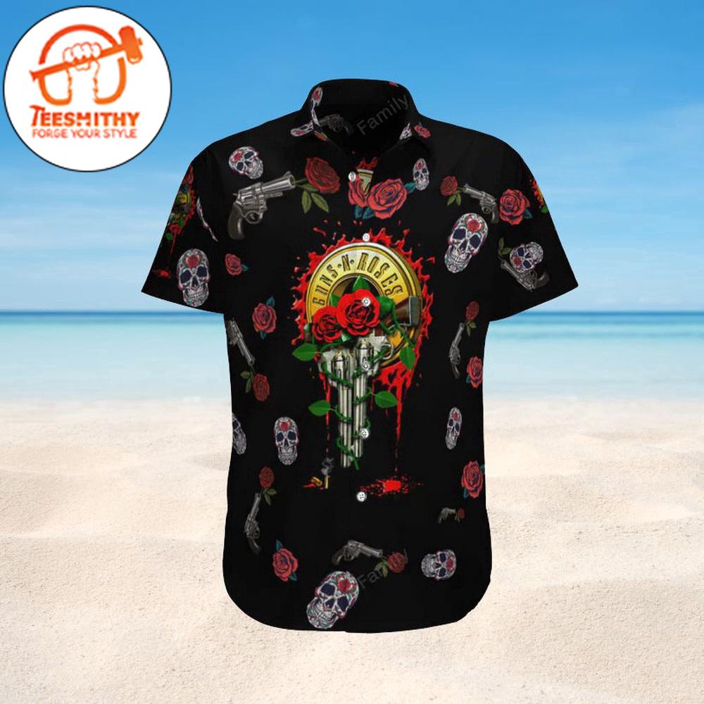 Guns N’ Roses Skull And Roses Hawaiian Button Up Shirts