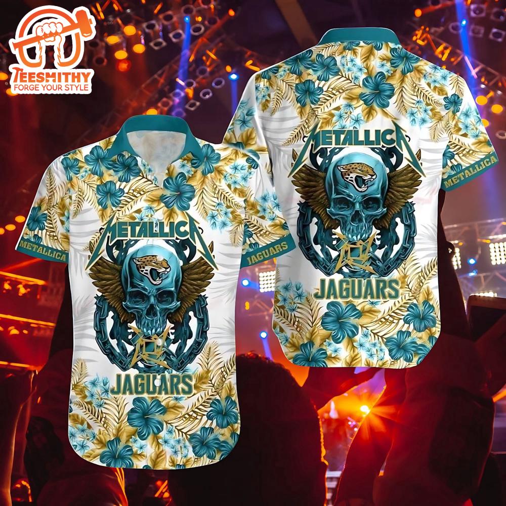 Jacksonville Jaguars Nfl Skull And Flower Pattern Metallica Short Sleeve Aloha Shirt