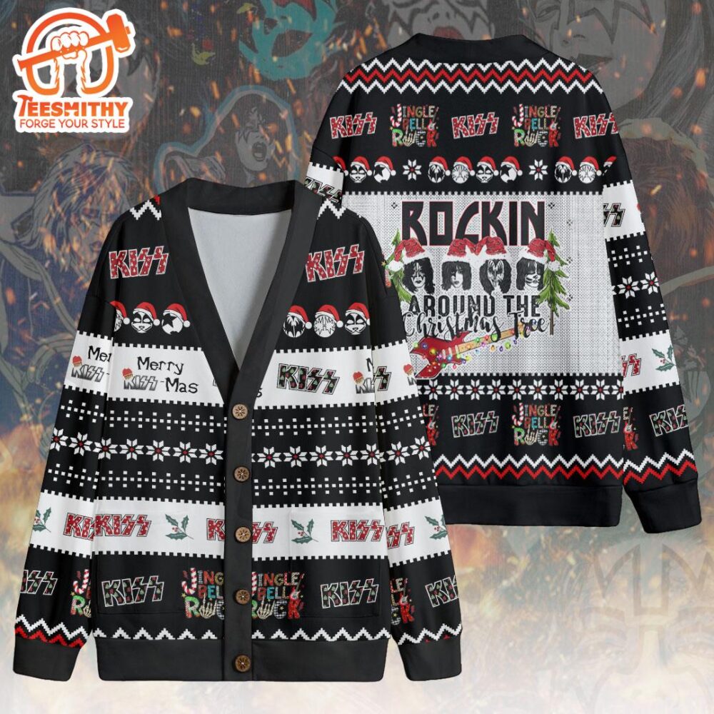 Kiss Band Around The Christmas Tree, Kiss Band Unisex Knitted Fleece Cardigan