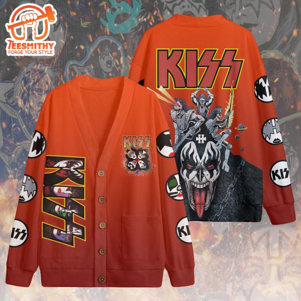 Kiss Band Symbol, Kiss Band Red Cardigan, Kiss Band Unisex Knitted Fleece Cardigan