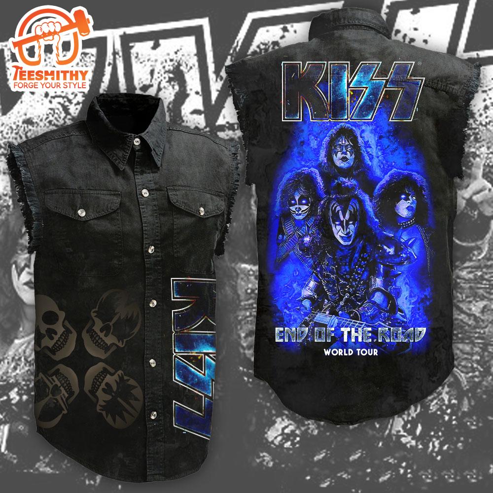 Kiss Band Tour Poster Music Sleeveless Denim Shirt