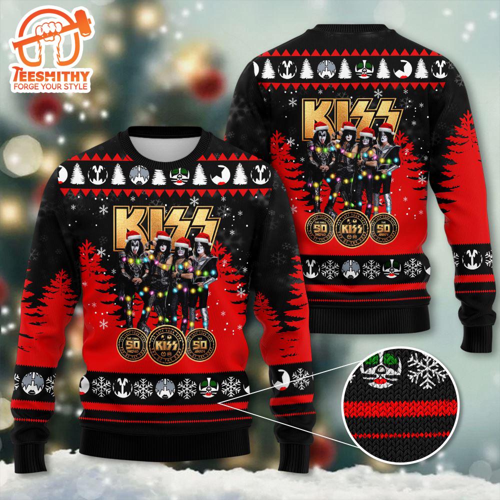 Kiss Band With Logo Band And Santa Hat 2024 Ugly Christmas Sweater