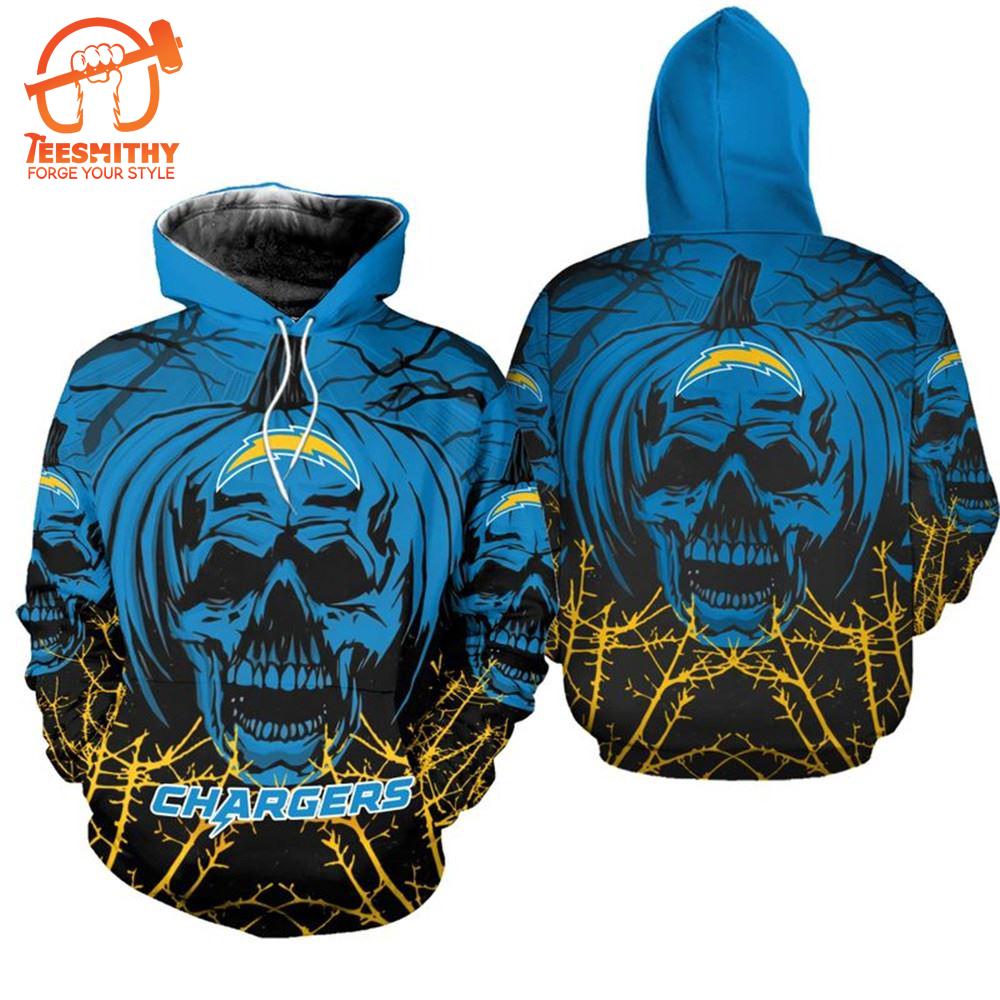 Los Angeles Chargers Halloween Pumpkin Skull Print 3D Hoodie Zip Hoodie, Nfl 3D All Over Print Hoodie