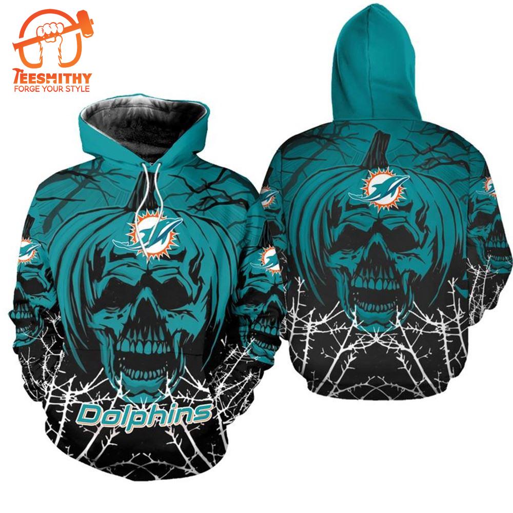 Miami Dolphins Halloween Pumpkin Skull 3D Hoodie Zip Hoodie, Nfl 3D All Over Print Hoodie