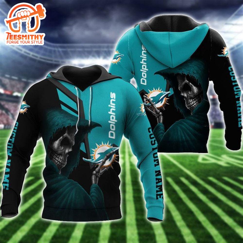 Miami Dolphins Hoodie Skull Skeleton Custom Name 3D Hoodie Zip Hoodie, Nfl 3D All Over Print Hoodie