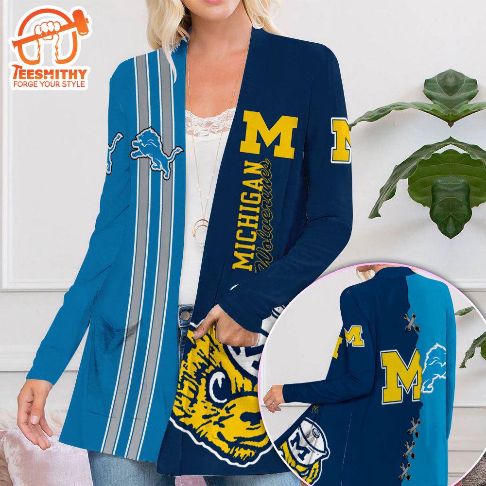 Michigan Wolverines Football x Detroit Lions Women’s Patch Pocket Cardigan Gift Christmas