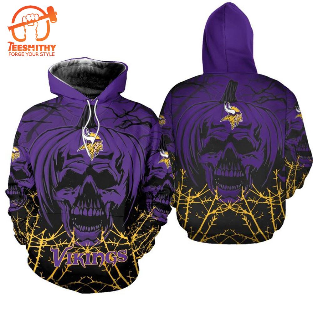 Minnesota Vikings Halloween Pumpkin Skull Print 3D Hoodie Zip Hoodie, Nfl 3D All Over Print Hoodie