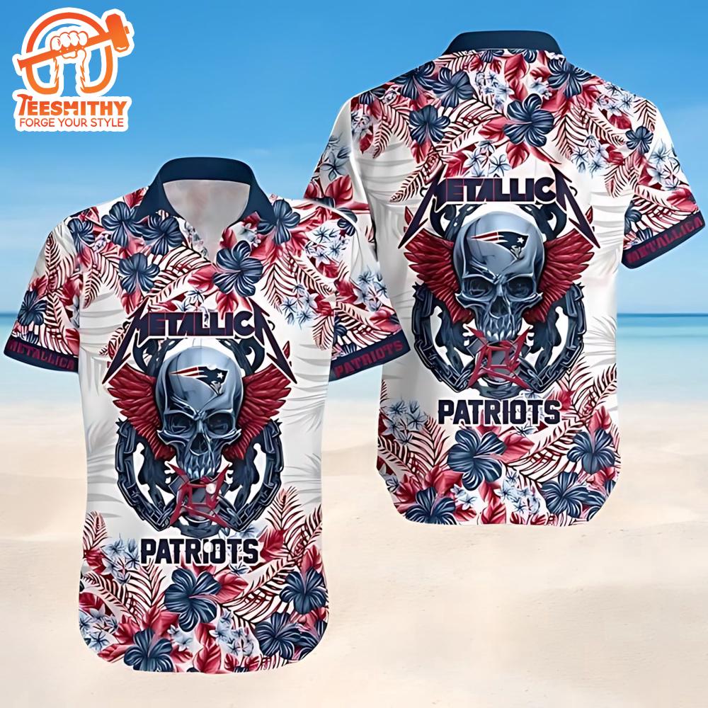 New England Patriots Nfl Skull And Flower Pattern Metallica Short Sleeve Aloha Shirt