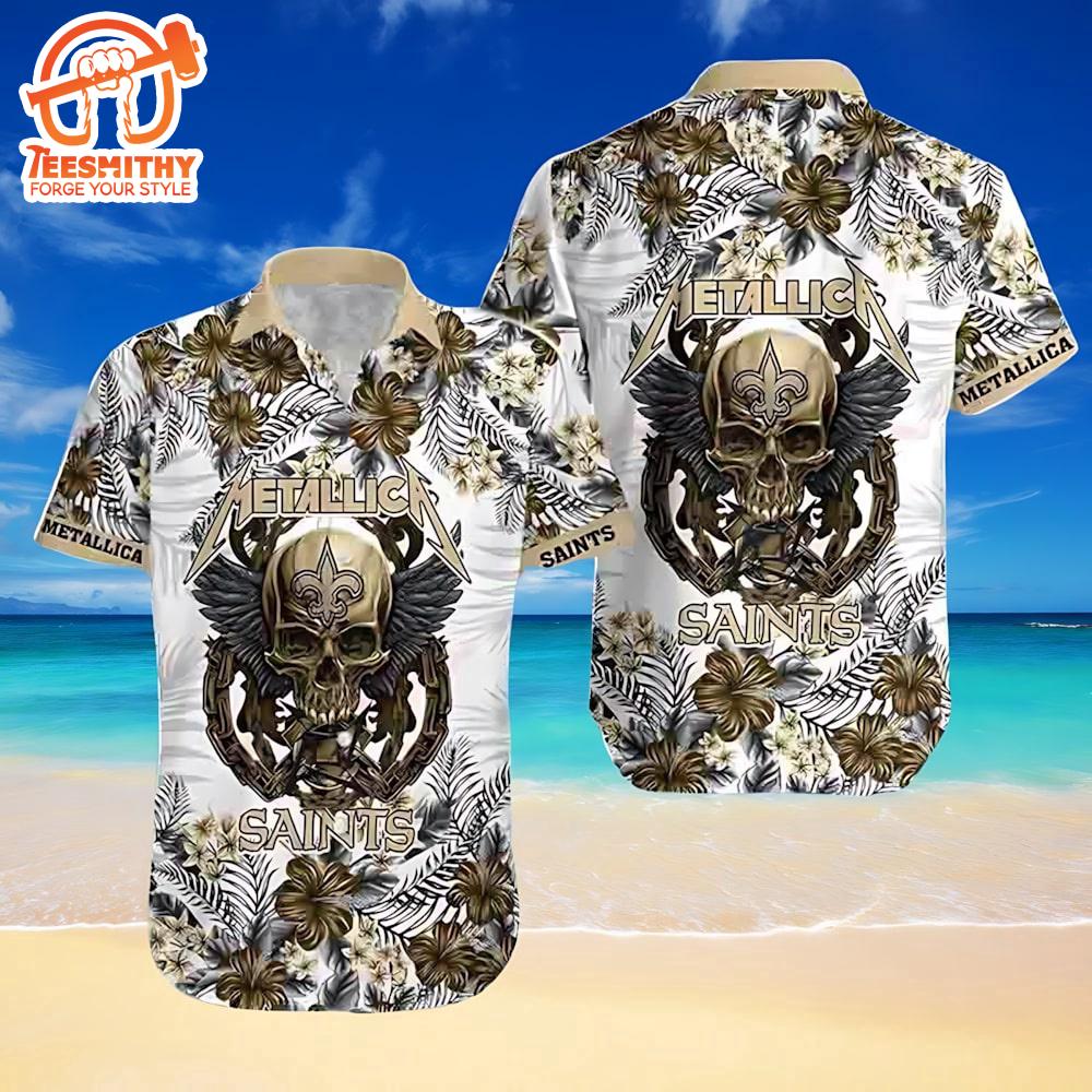 New Orleans Saints Metallica Skull And Tropical Flower Pattern Short Sleeve Aloha Shirt