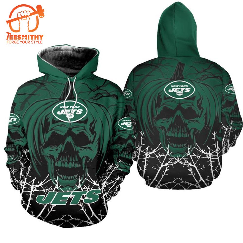 New York Jets Halloween Pumpkin Skull 3D Hoodie Zip Hoodie, Nfl 3D All Over Print Hoodie