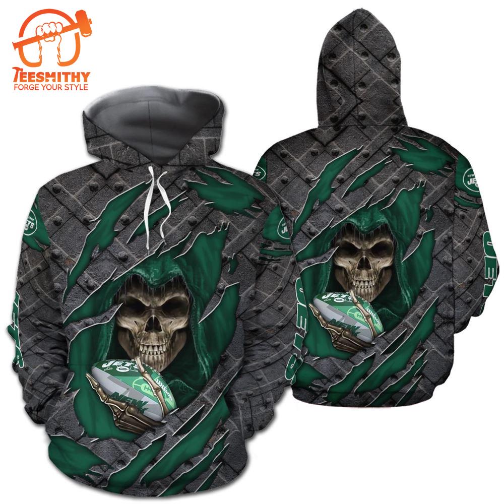 New York Jets Skull Cracked Metal 3D Hoodie Zip Hoodie, Nfl 3D All Over Print Hoodie For Fans