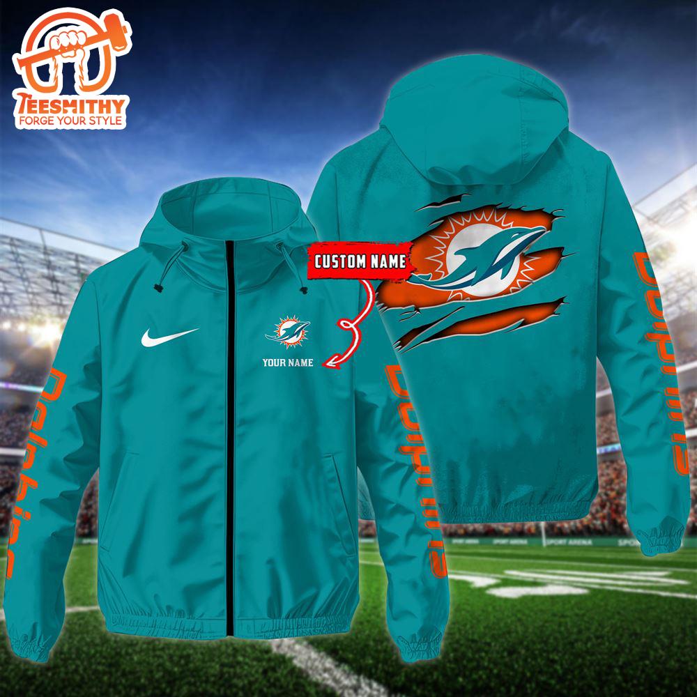 NFL Miami Dolphins Football Windbreaker Outdoor Jacket – Custom Name