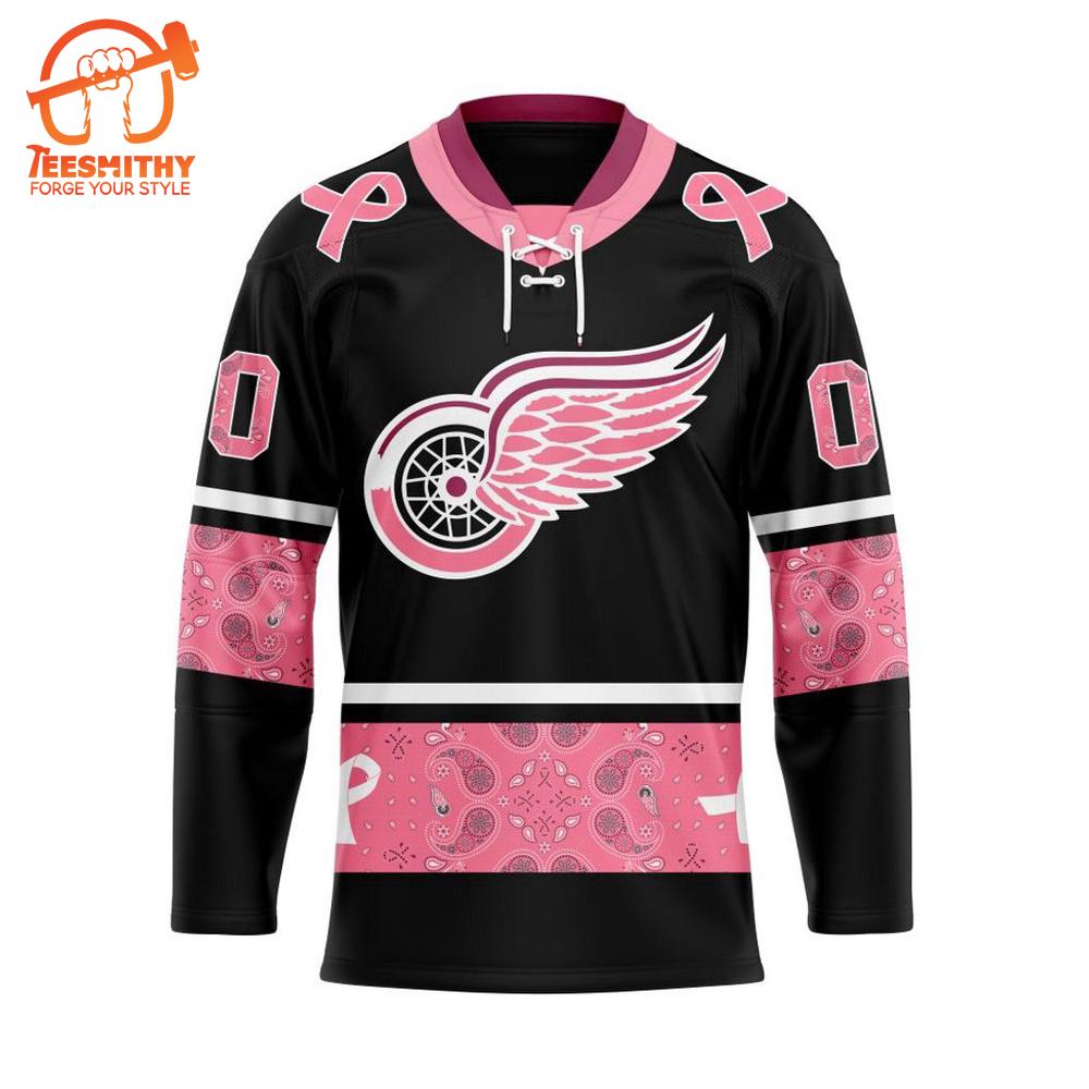 NHL Detroit Red Wings Specialized Hockey Jersey In Classic Style With Paisley! Pink Breast Cancer