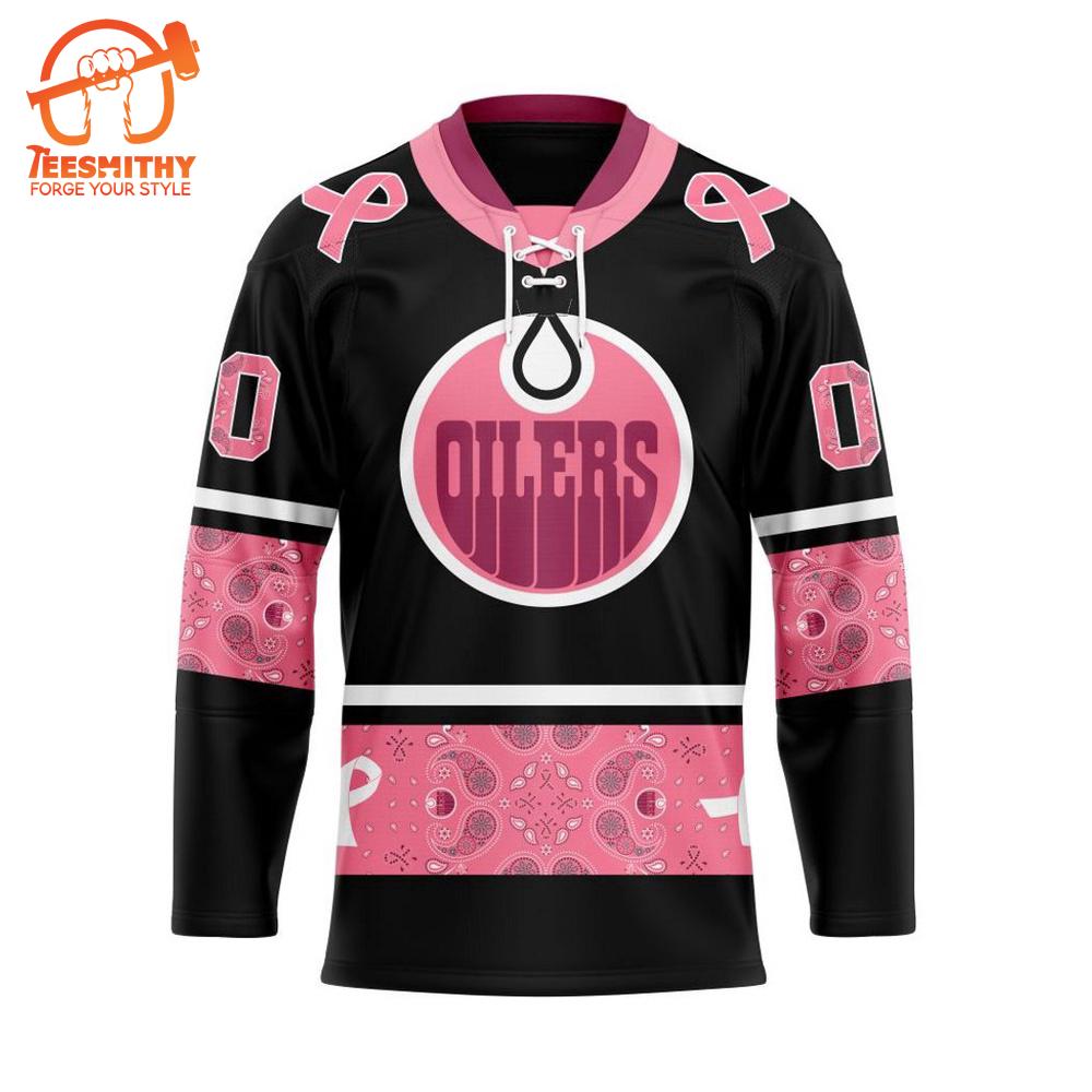 NHL Edmonton Oilers Specialized Hockey Jersey In Classic Style With Paisley! Pink Breast Cancer