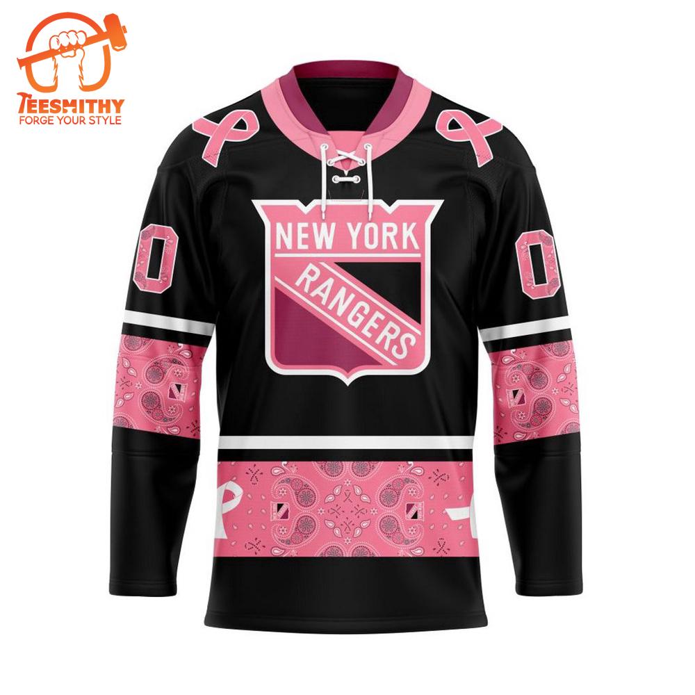 NHL New York Rangers Specialized Hockey Jersey In Classic Style With Paisley! Pink Breast Cancer