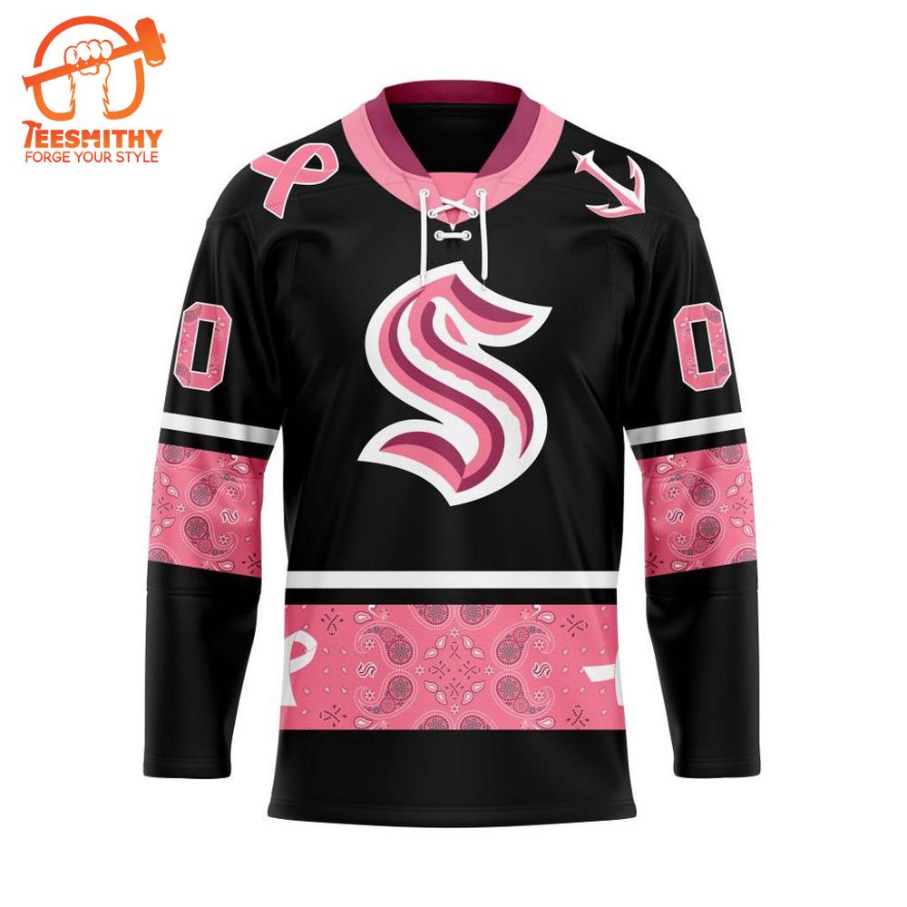 NHL Seattle Kraken Specialized Hockey Jersey In Classic Style With Paisley! Pink Breast Cancer