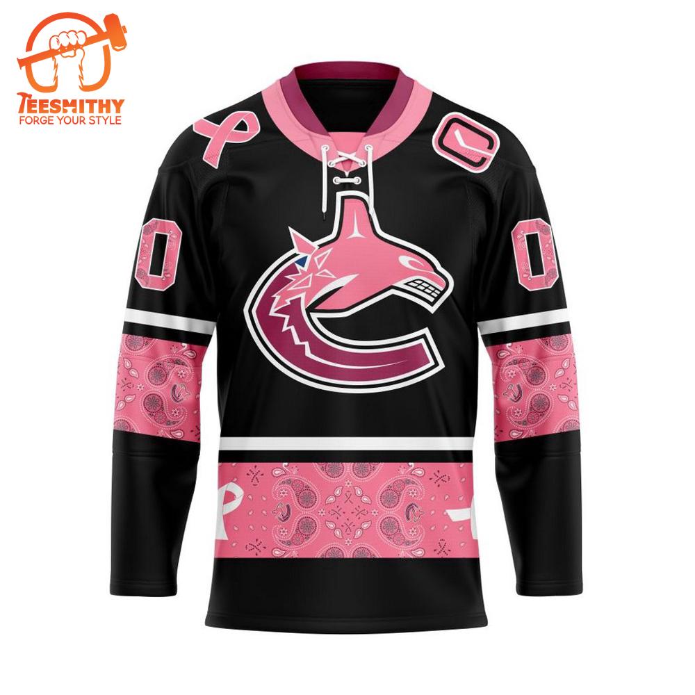 NHL Vancouver Canucks Specialized Hockey Jersey In Classic Style With Paisley! Pink Breast Cancer