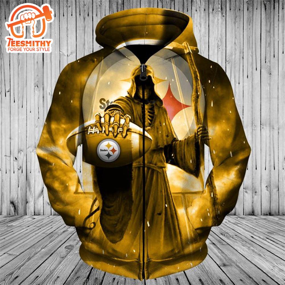 Pittsburgh Steelers Death Skull Rugby Ball 3D Hoodie Zip Hoodie, Nfl 3D All Over Print Hoodie