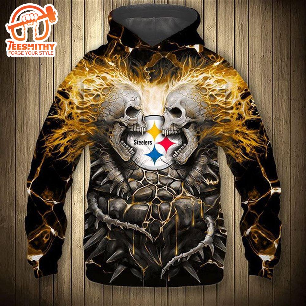 Pittsburgh Steelers Skull Halloween Stone 3D Hoodie Zip Hoodie, Nfl 3D All Over Print Hoodie