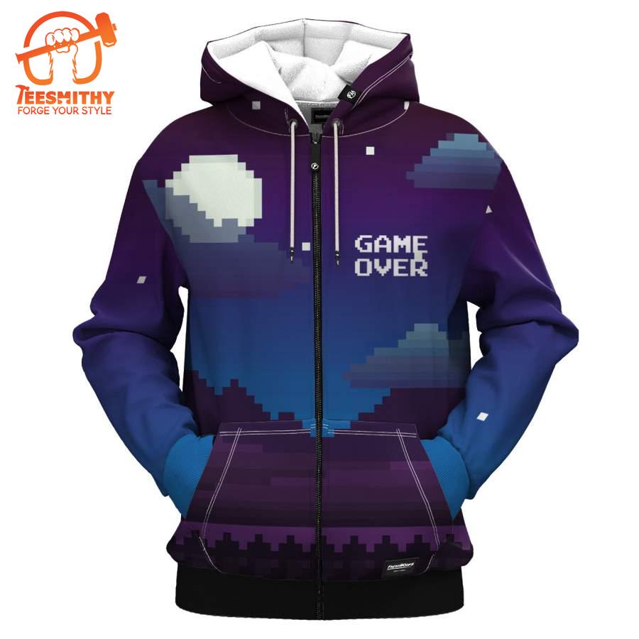 Pixel Game Over Zip Up All Over Print Hoodie