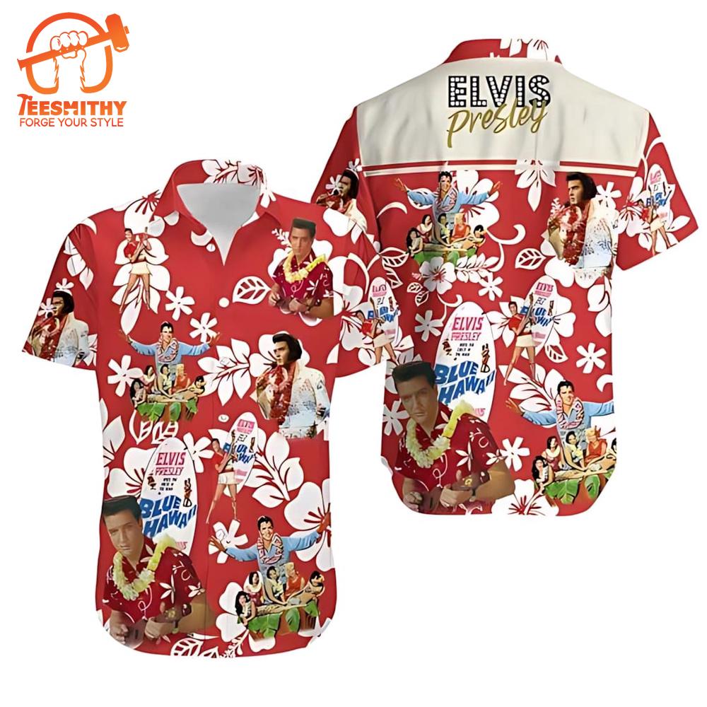 Red Elvis Hawaiian Aloha Shirts With Hibiscus Flowers And Movie Scenes