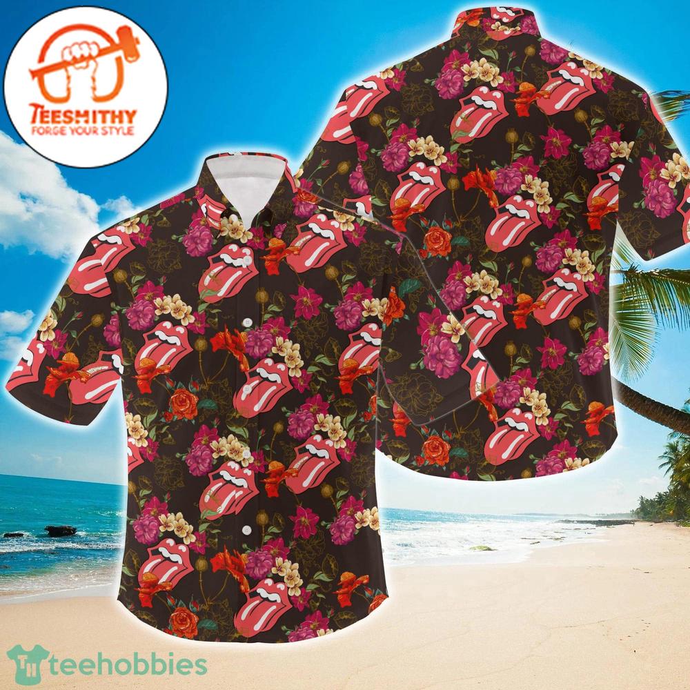 Rolling Stones Floral Tongue Logo Hawaiian Button Up Shirts