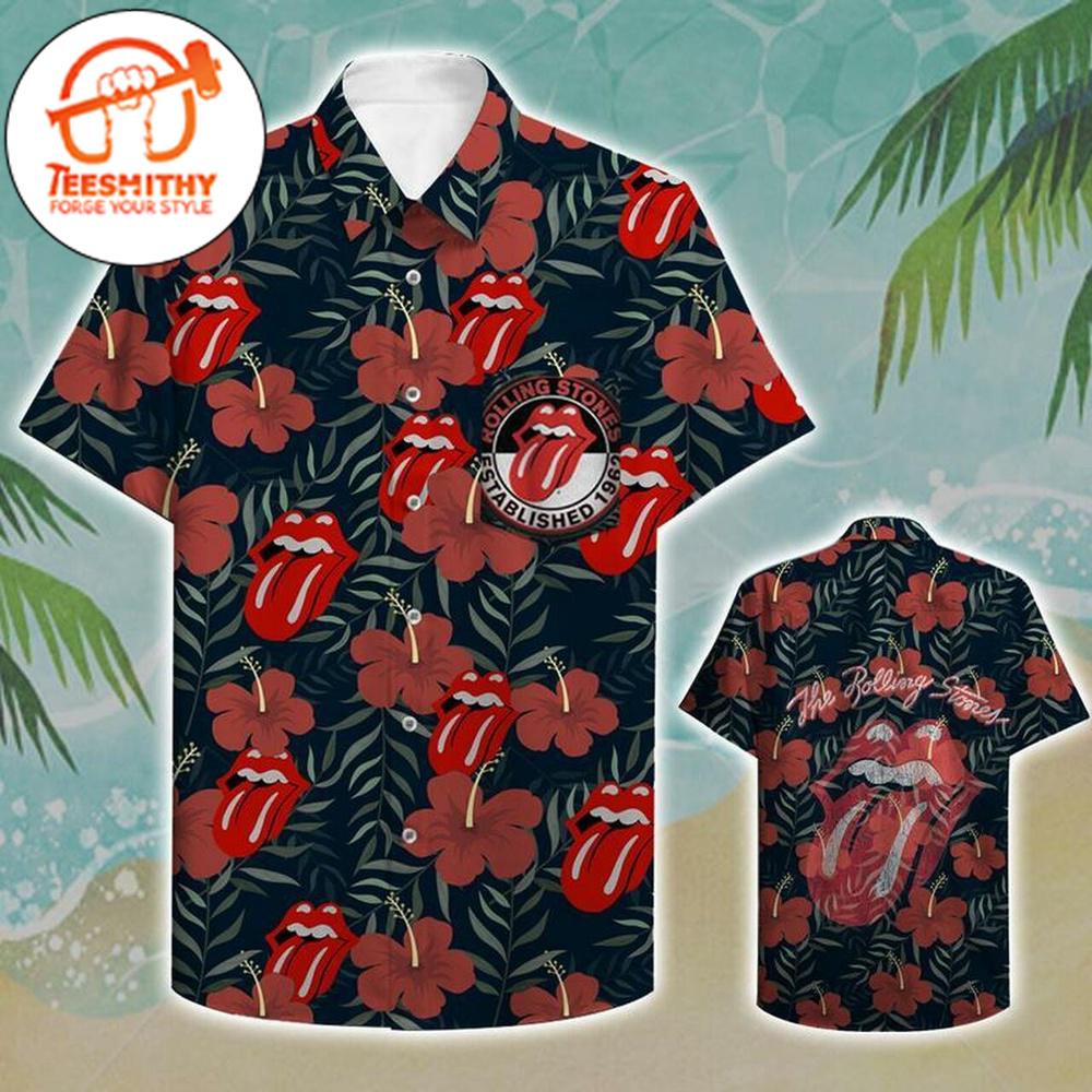 Rolling Stones Lips Tongue Floral Hawaiian Button Up Shirts