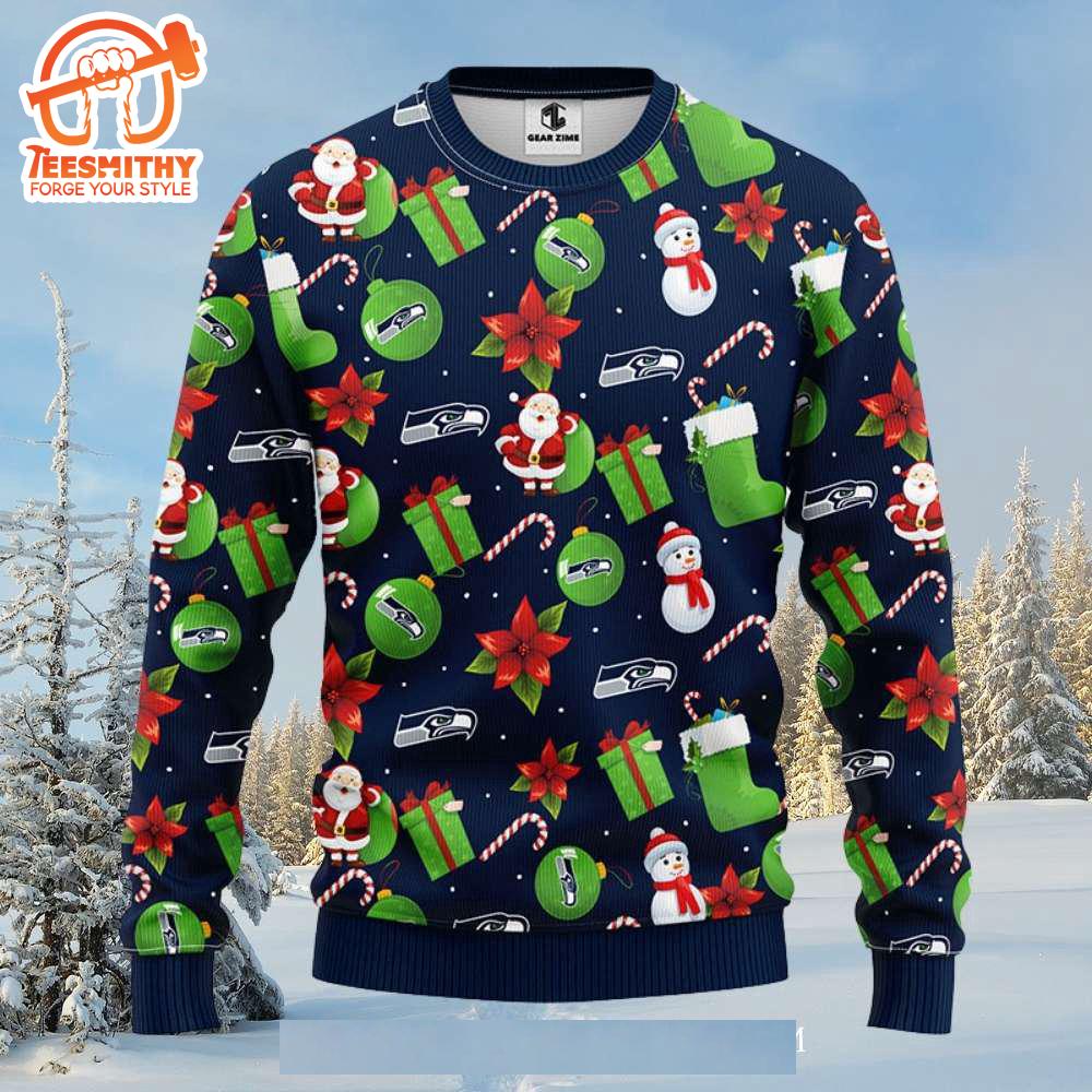 Santa Claus Snowman Graphic Seattle Seahawks Sweater Gift for Christmas