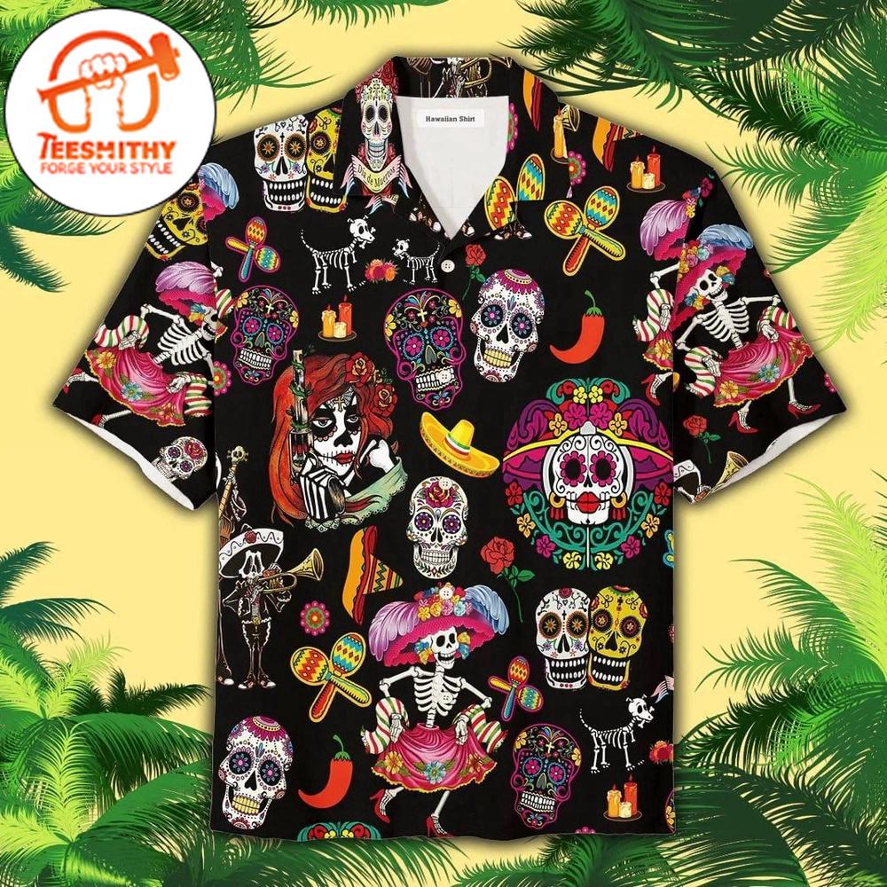 Sugar Skull Calavera Guns And Roses Hawaiian Button Up Shirts