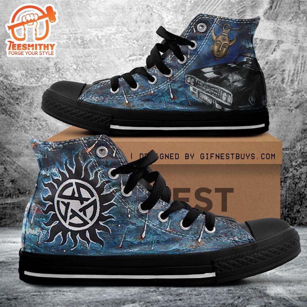 Supernatural Symbol, Supernatural Grey Blue Shoes, Supernatural High Top Canvas Shoes