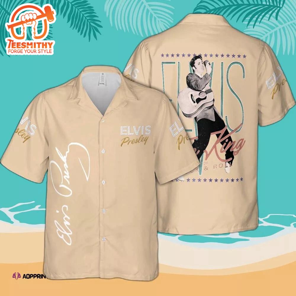 Tan Elvis Presley Hawaiian Aloha Shirts With Guitar Image