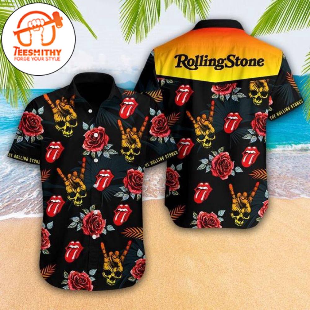 The Rolling Stones Band Tongue Skull And Rose Hawaiian Button Up Shirts