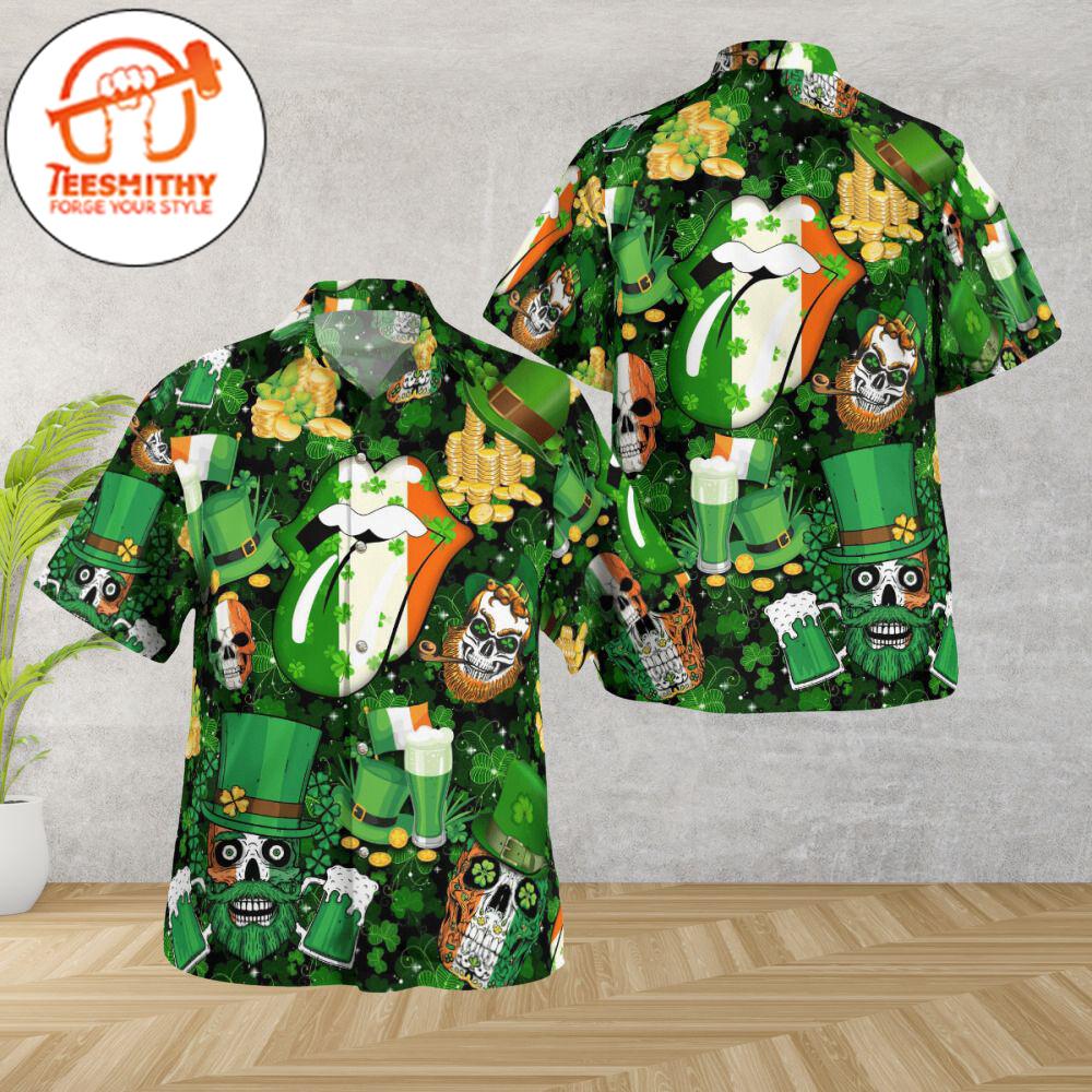 The Rolling Stones Skull Saint Patrick’s Day Hawaiian Button Up Shirts