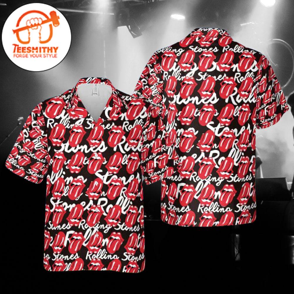 The Rolling Stones With Classic Tongue Hawaiian Button Up Shirts