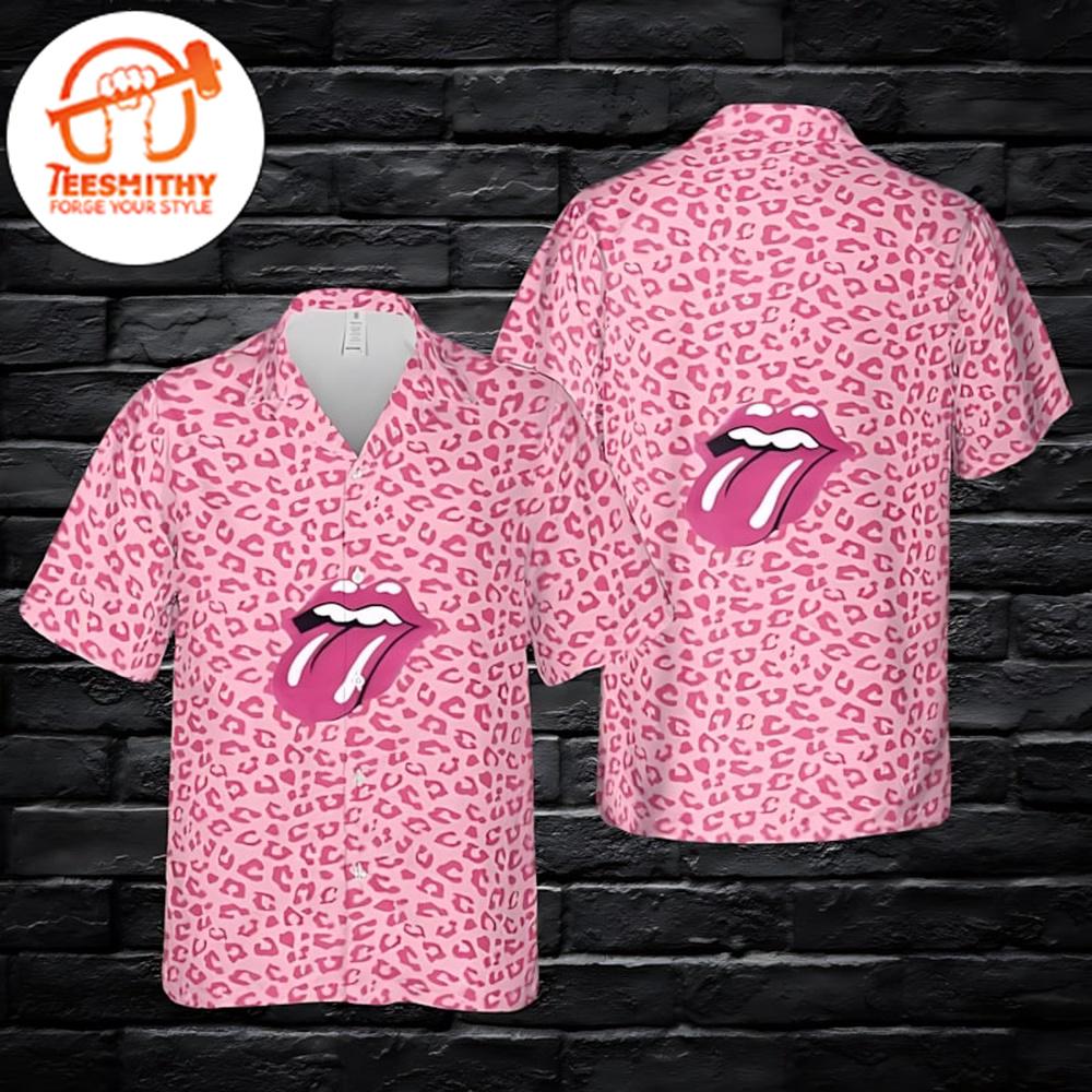 The Rolling Stones With Leopard Pattern Pink Color Hawaiian Button Up Shirts