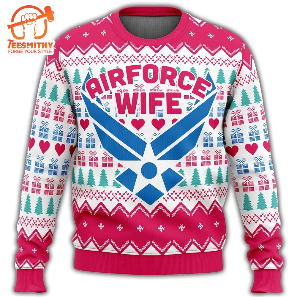 Unifinz Veteran Sweater Air Force Wife Christmas Pattern White Pink Veteran Christmas Ugly Sweater  – Veteran Sweater