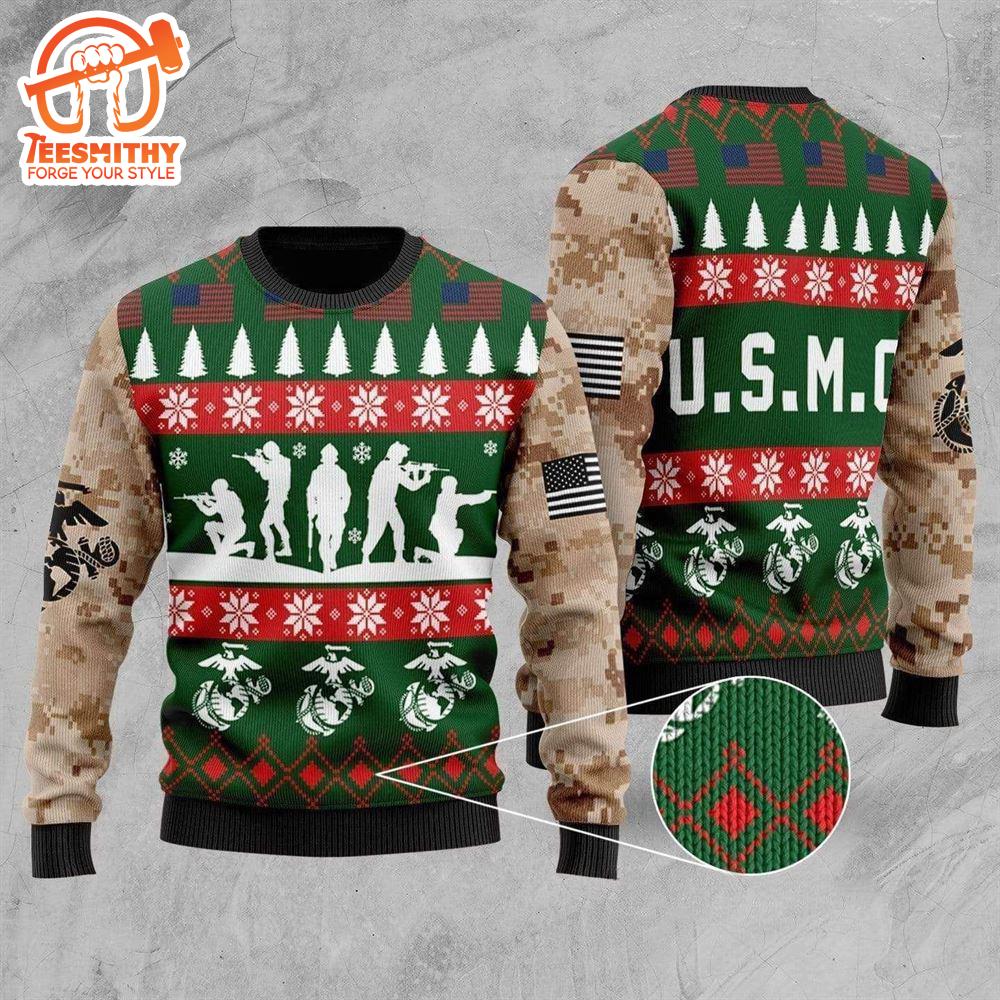 Unifinz Veteran Sweater United States Marine Corps Camo Green Veteran Christmas Ugly Sweater  – Veteran Sweater